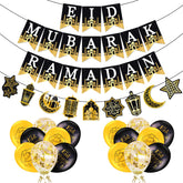 AhfuLife Ramadan Mubarak Decorations, Eid Mubarak Decorations for Home, Preassembled Eid Ramadan Banners Bunting - Black and Gold Islamic Decorations with 16 Pcs Eid Balloons for Home Party Decor